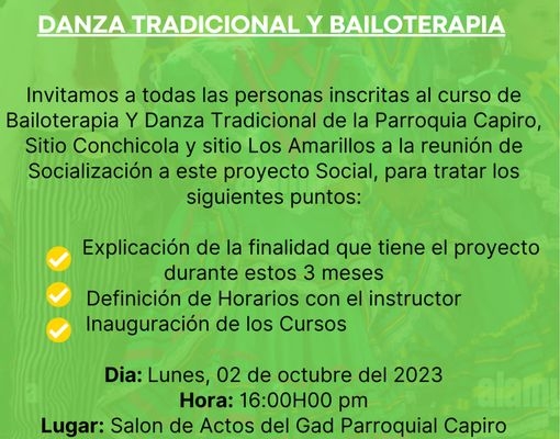 INVITACION AL CURSO DE BAILOTERAPIA Y DANZA TRADICIONAL DE LA PARROQUIA CAPIRO